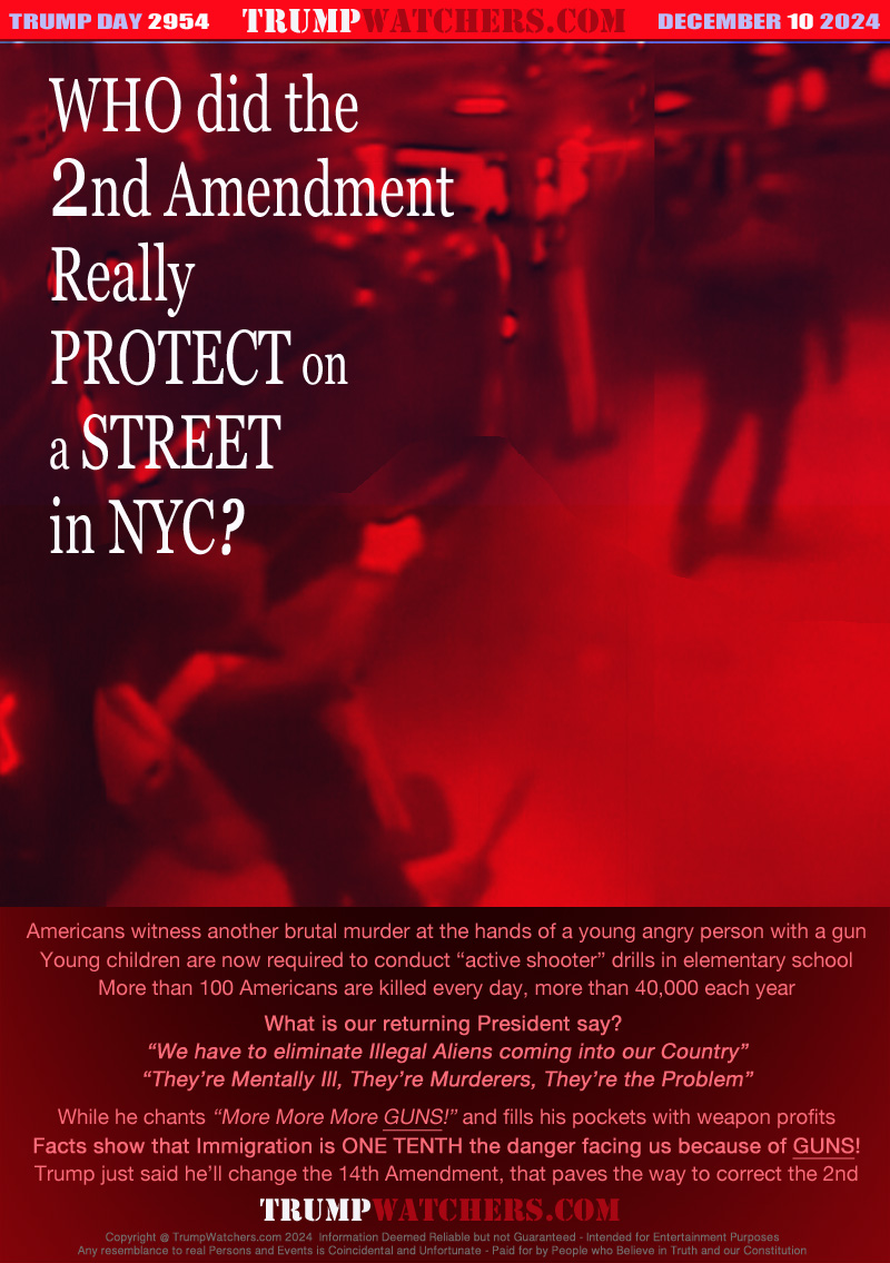 WHO did the
2nd Amendment
Really
PROTECT on
a STREET
in NYC?

Americans witness another brutal murder at the hands of a young angry person with a gun
Young children are now required to conduct “active shooter” drills in elementary school
More than 100 Americans are killed every day, more than 40,000 each year
What is our returning President say? 
“We have to eliminate Illegal Aliens coming into our Country”
“They’re Mentally Ill, They’re Murderers, They’re the Problem”
While he chants “More More More GUNS!” and fills his pockets with weapon profits
Facts show that Immigration is ONE TENTH the danger facing us because of GUNS!
Trump just said he’ll change the 14th Amendment, that paves the way to correct the 2nd